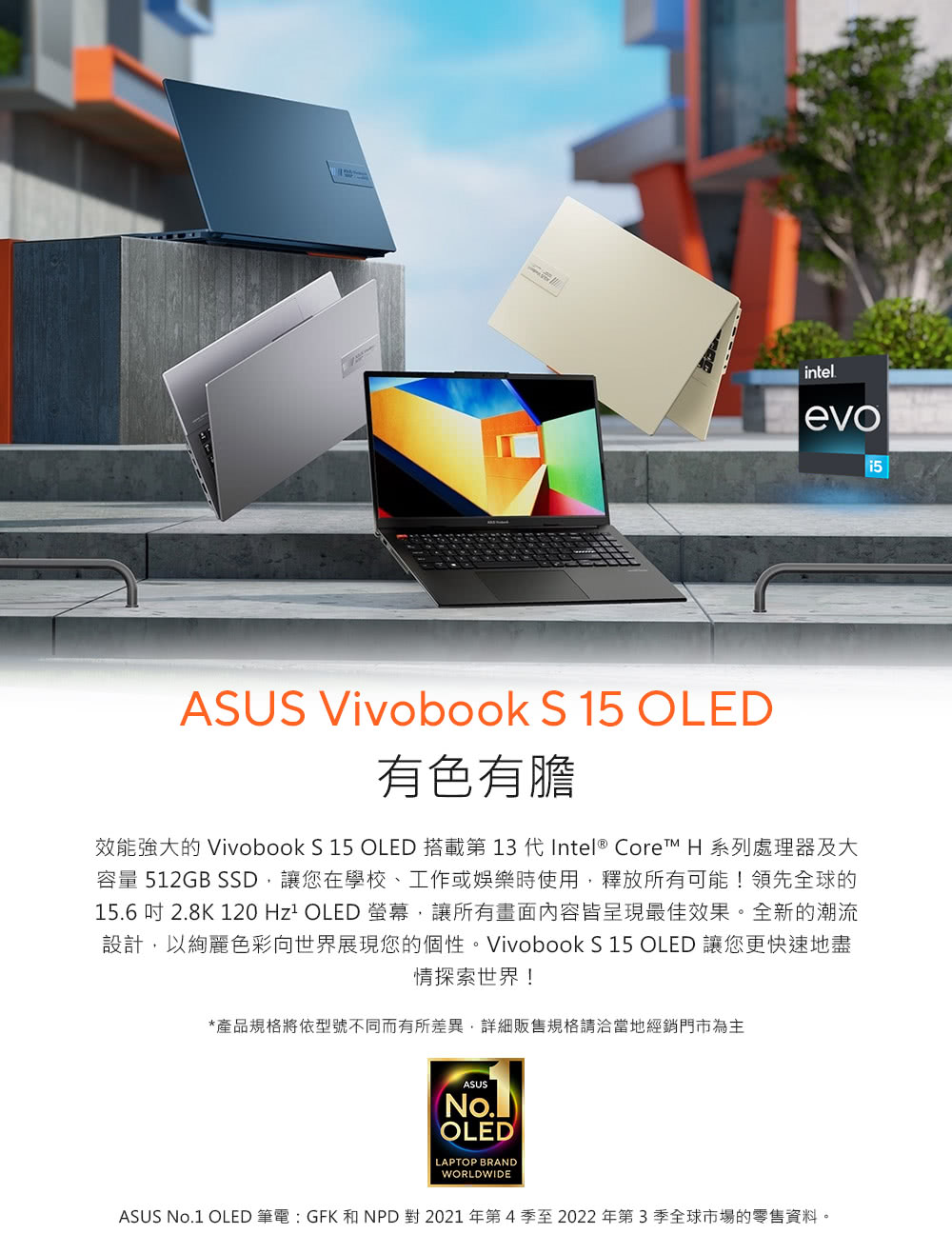 ASUS No.1 OLED 筆電  GFK 和 NPD 對 2021 年第 4 季至 2022 年第3季全球市場的零售資料。