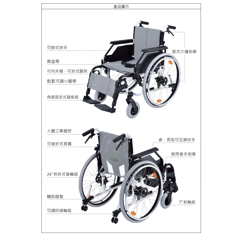 輪椅 高荷重調整移位型輪椅(BC款 附加功能A款 可快速收合