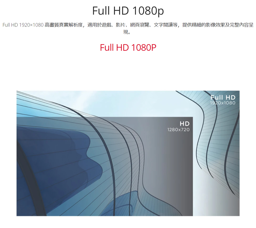 Full HD 19201080 高畫質真實解析度,適用於遊戲、影片、網頁瀏覽、文字閱讀等,提供精細的影像效果及完整內容呈 現。
