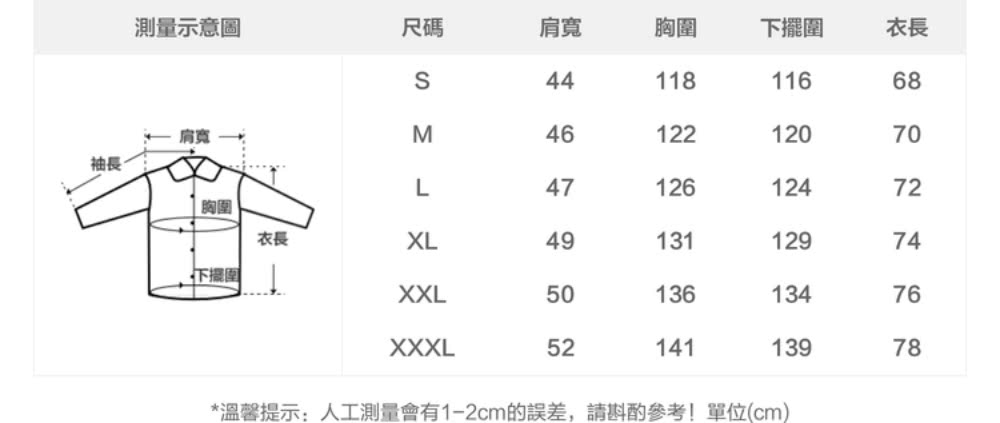 溫馨提示人工測量會有12cm的誤差,請斟酌參考單位cm