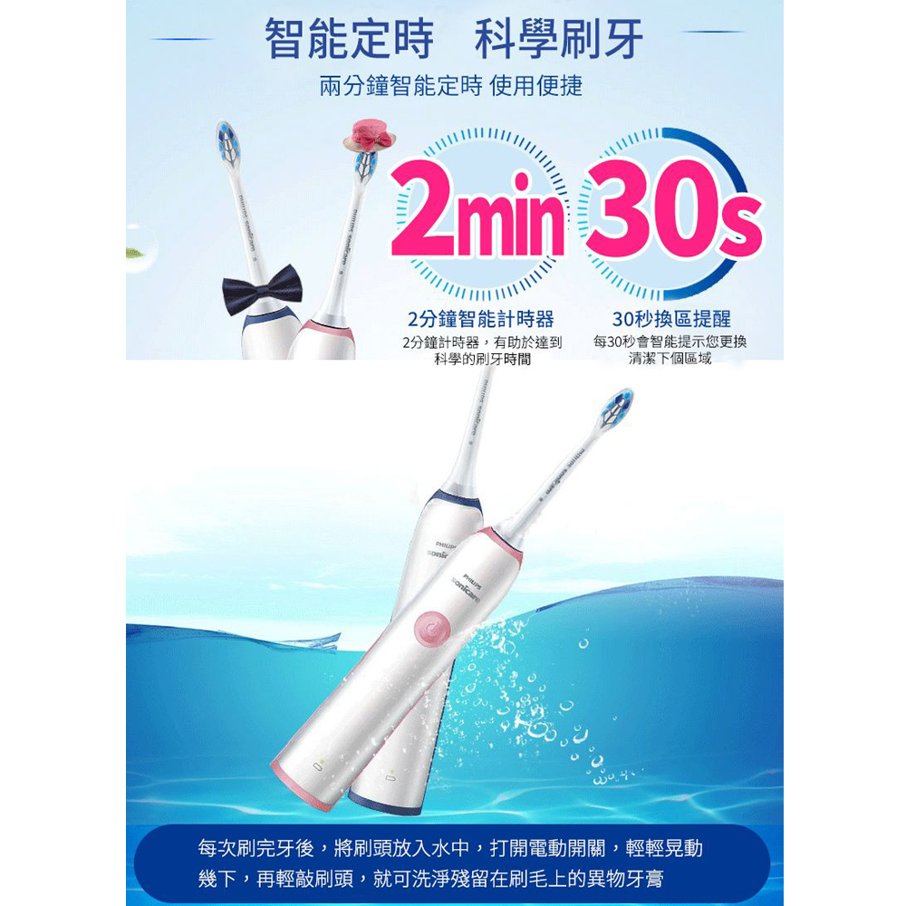 每次刷完牙後,將刷頭放入水中,打開電動開關,輕輕晃動