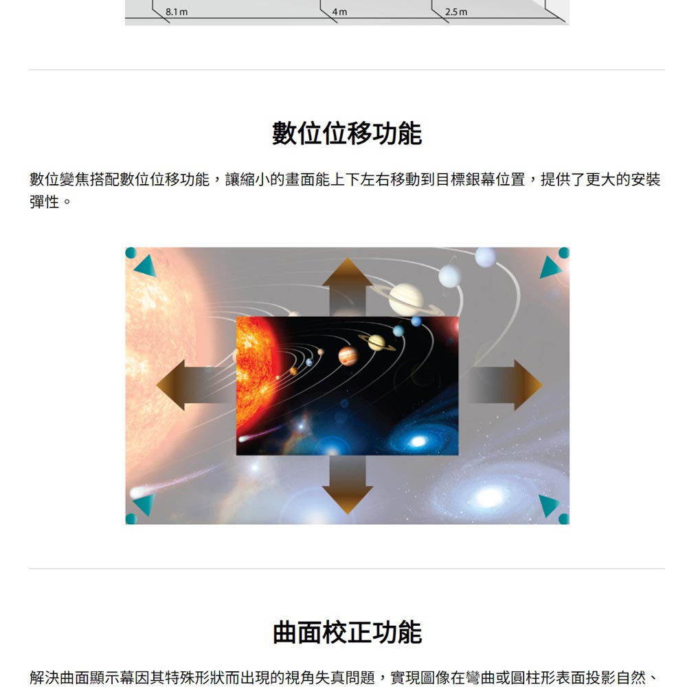 數位位移功能 數位變焦搭配數位位移功能,讓縮小的畫面能上下左右移動到目標銀幕位置,提供了更大的安裝 彈性。 曲面校正功能 解決曲面顯示幕因其特殊形狀而出現的視角失真問題,實現圖像在彎曲或圓柱形表面投影自然、 