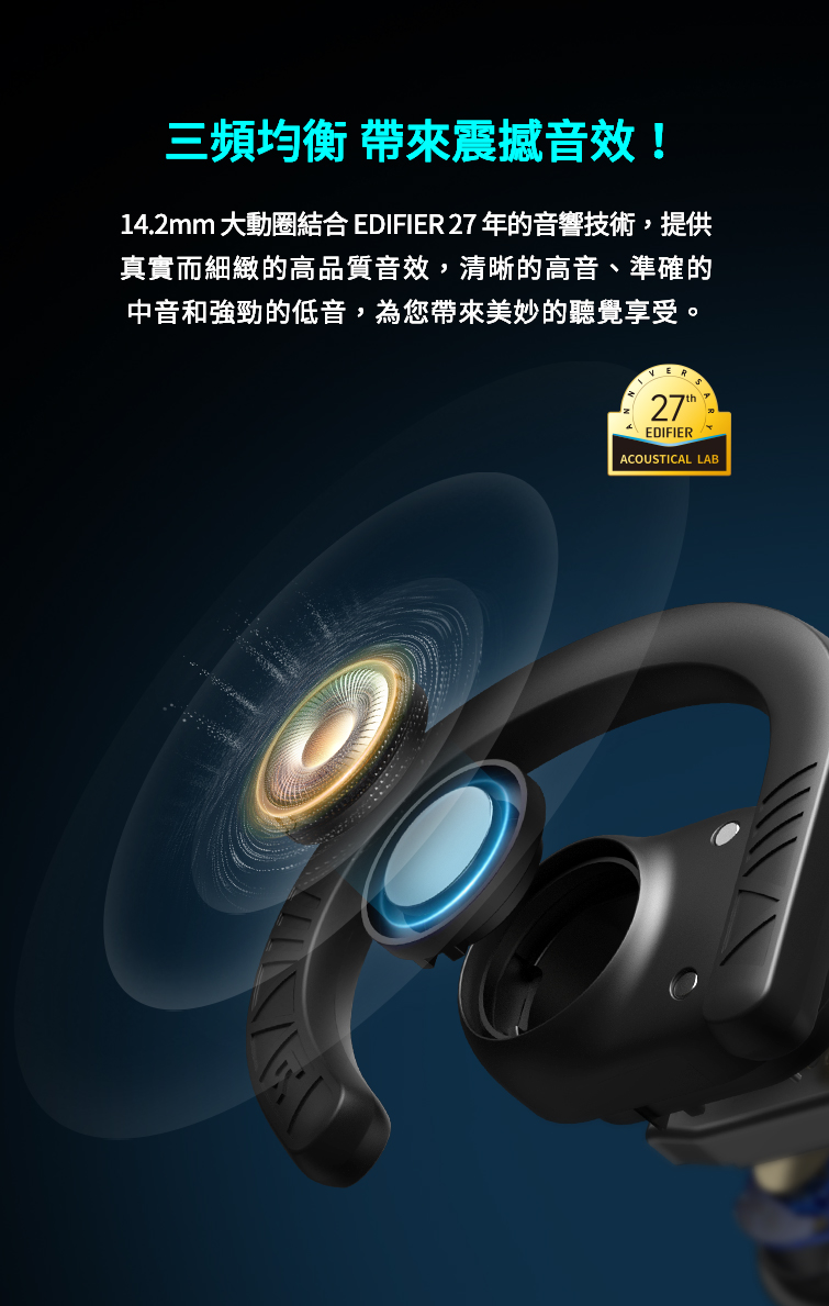 三頻均衡 帶來震撼音效 14.2mm 大動圈結合 EDIFIER 27 年的音響技術,提供 真實而細緻的高品質音效,清晰的高音、準確的 中音和強勁的低音,為您帶來美妙的聽覺享受。 