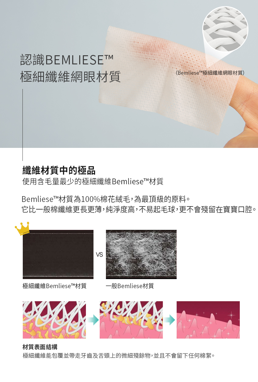 它比一般棉纖維更長更薄,純淨度高,不易起毛球,更不會殘留在寶寶口腔。