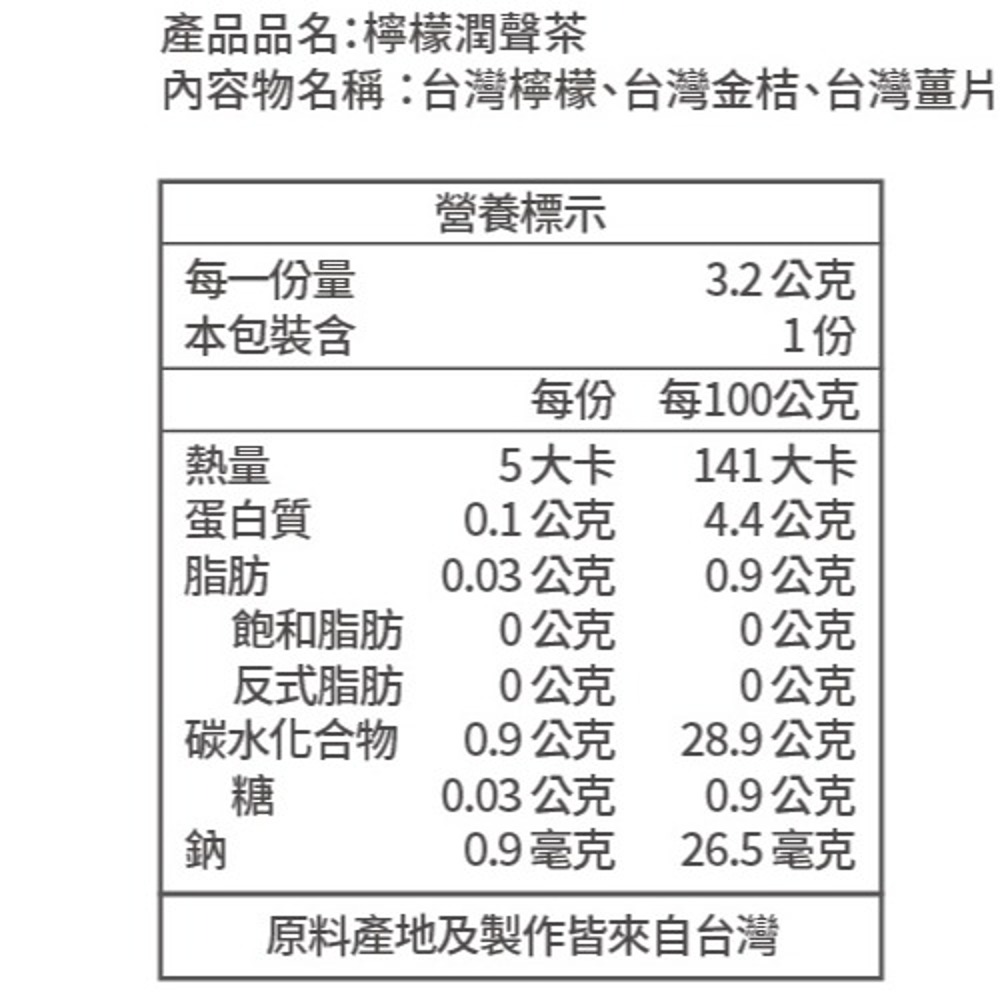 內容物名稱台灣檸檬、台灣金桔、台灣薑片
