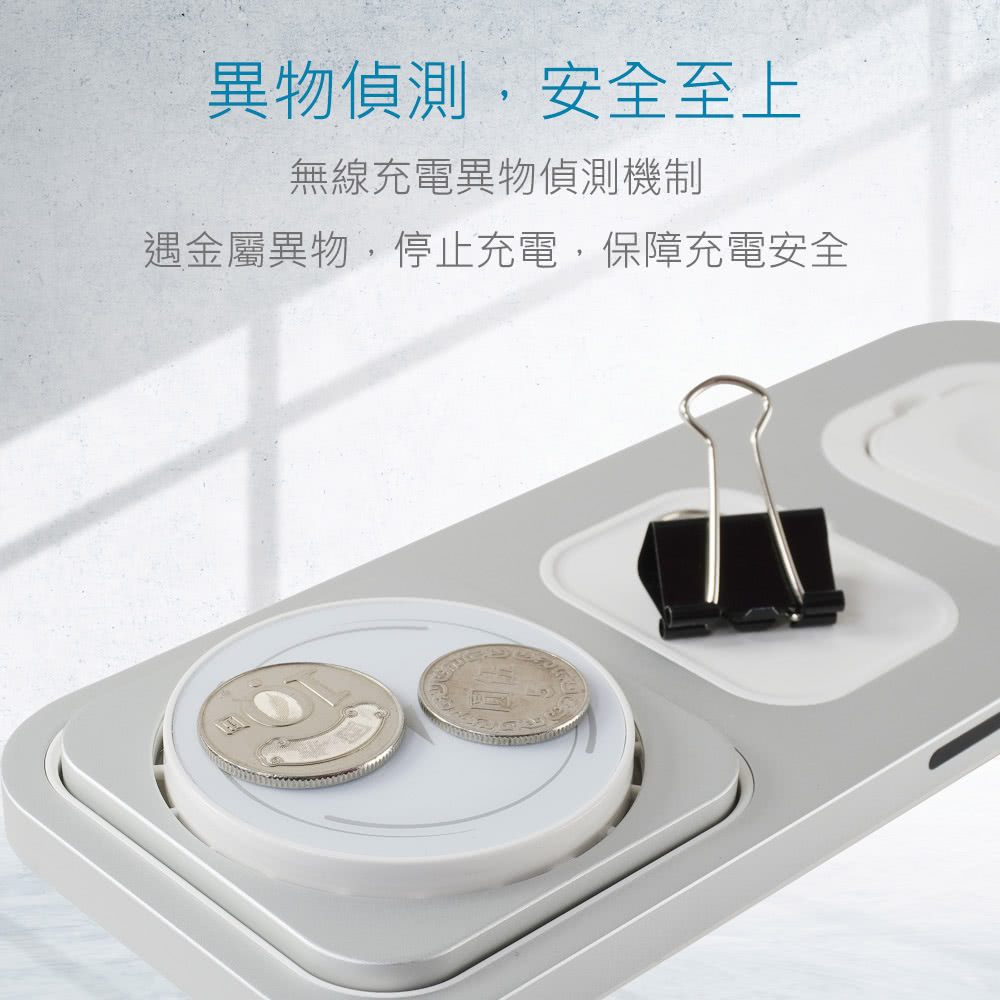 異物偵測,安全至上 無線充電異物偵測機制 遇金屬異物,停止充電,保障充電安全 