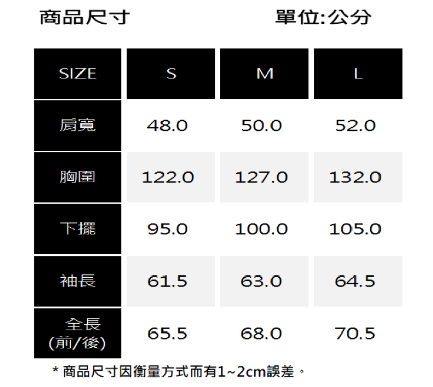 商品尺寸因衡量方式而有12cm誤差。