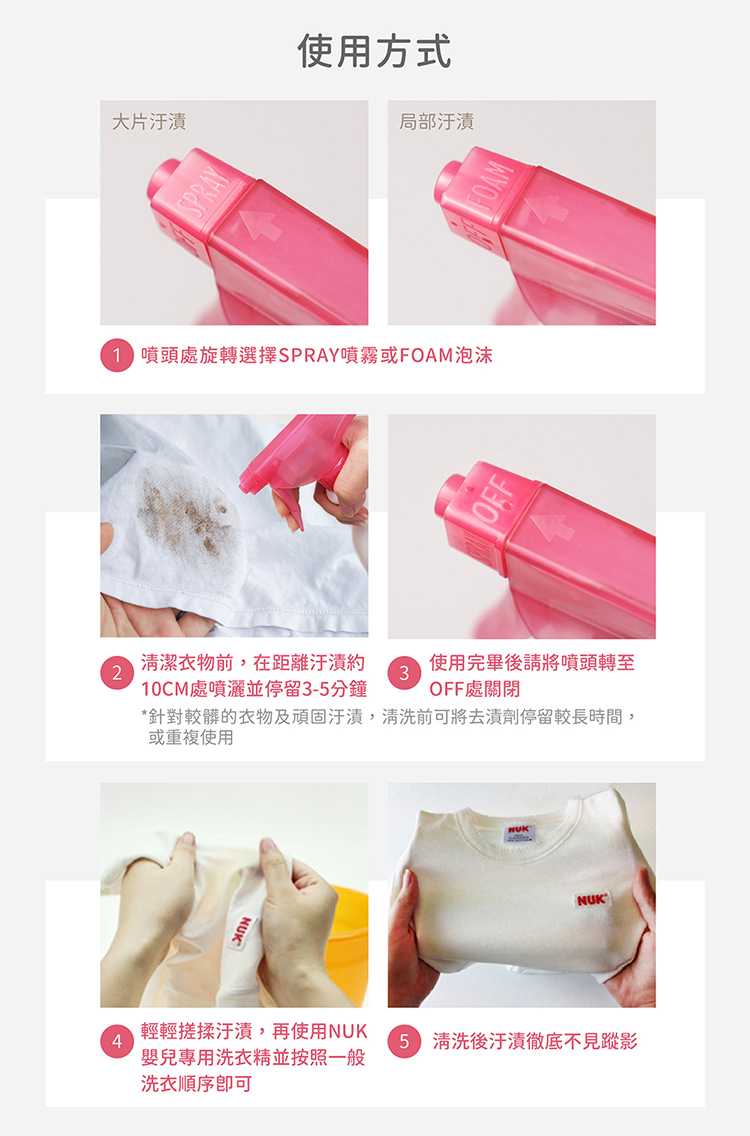 針對較髒的衣物及頑固汙漬,清洗前可將去漬劑停留較長時間,