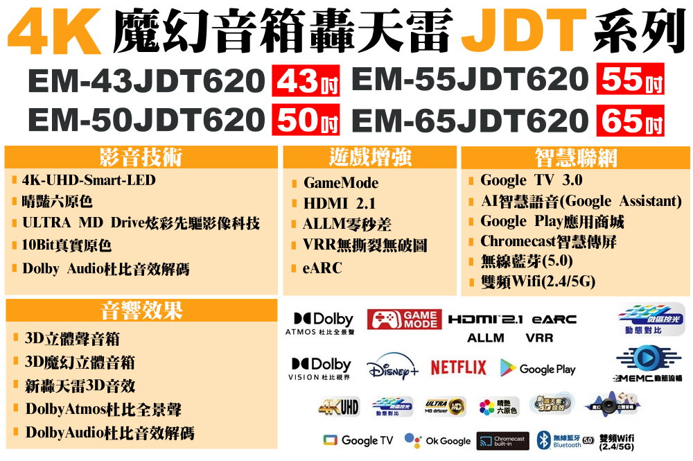 SAMPO 聲寶 50型4K新轟天雷杜比音效智慧聯網顯示器(