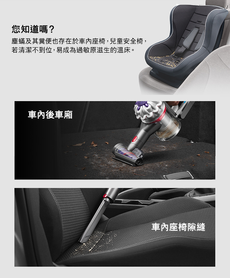 您知道嗎 塵蟎及其糞便也存在於車內座椅,兒童安全椅, 若清潔不到位,易成為過敏原滋生的溫床。 車內後車廂 車內座椅隙縫 