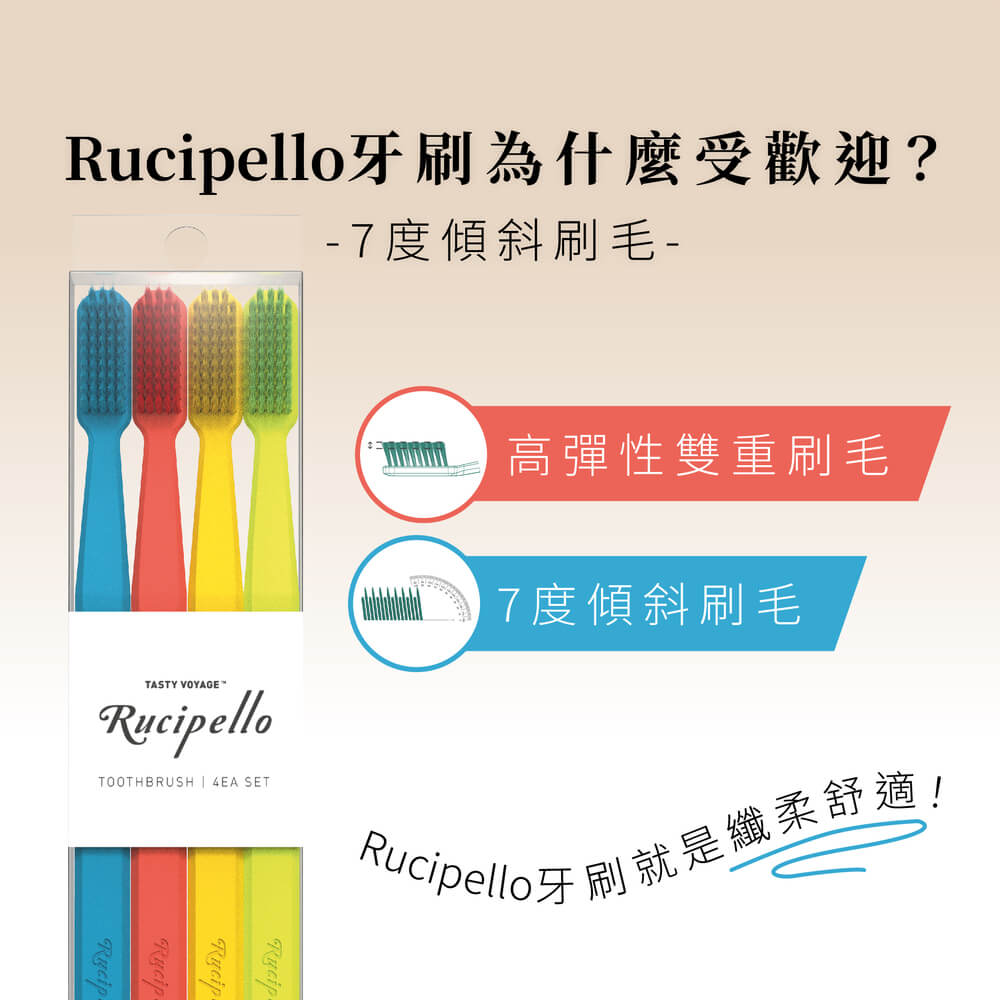 Rucipello牙刷為什麼受歡迎 7度傾斜刷毛 高彈性雙重刷毛 7度傾斜刷毛 Rucipello牙刷就是纖柔舒適 