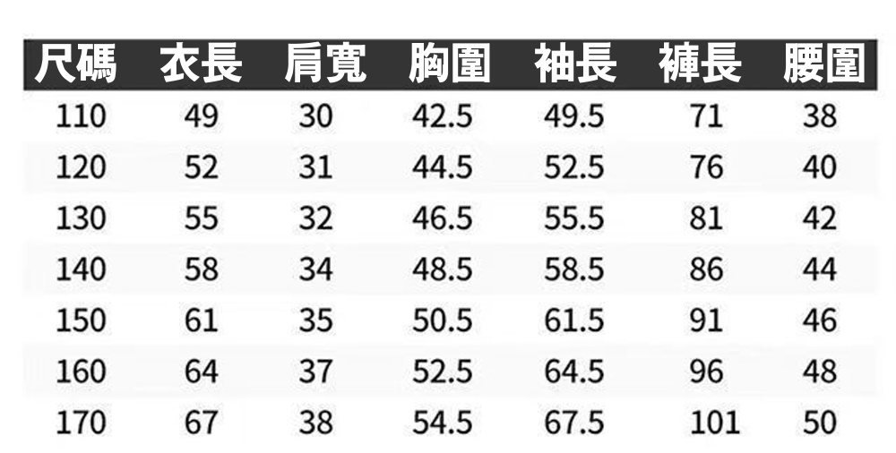 尺碼衣長 肩寬 胸圍 袖長 袖長 褲長 腰圍 