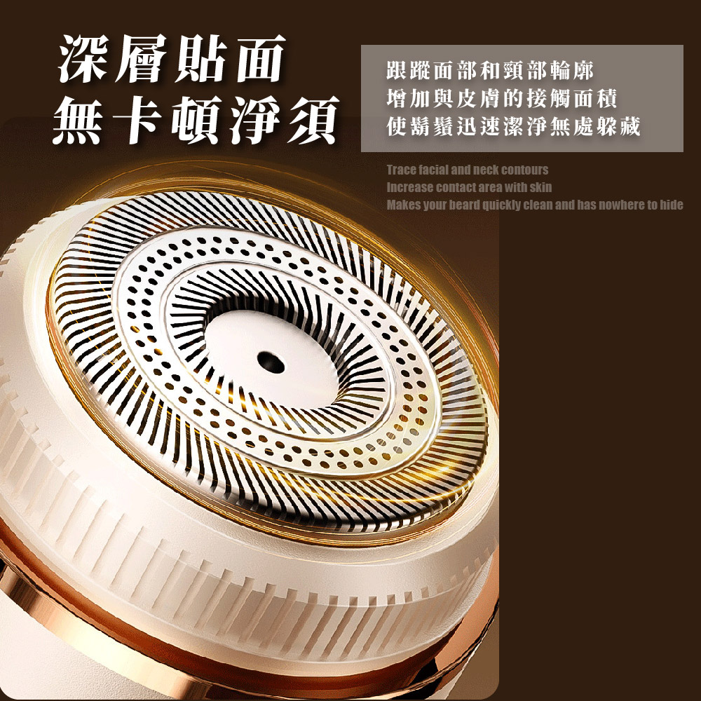 深層貼面 跟蹤面部和頸部輪廓 增加與皮膚的接觸面積 無卡頓淨須 使溺量迅速潔淨無處躲藏 