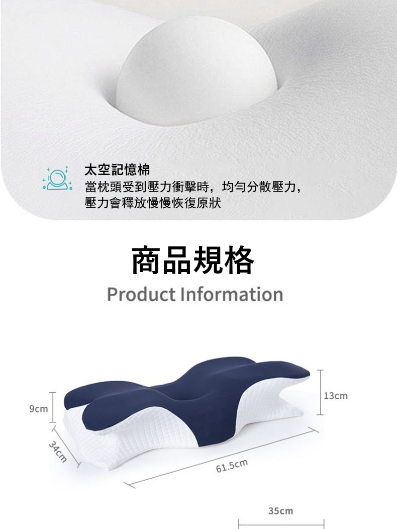 太空記憶棉 當枕頭受到壓力衝擊時,均勻分散壓力, 壓力會釋放慢慢恢復原狀 商品規格 