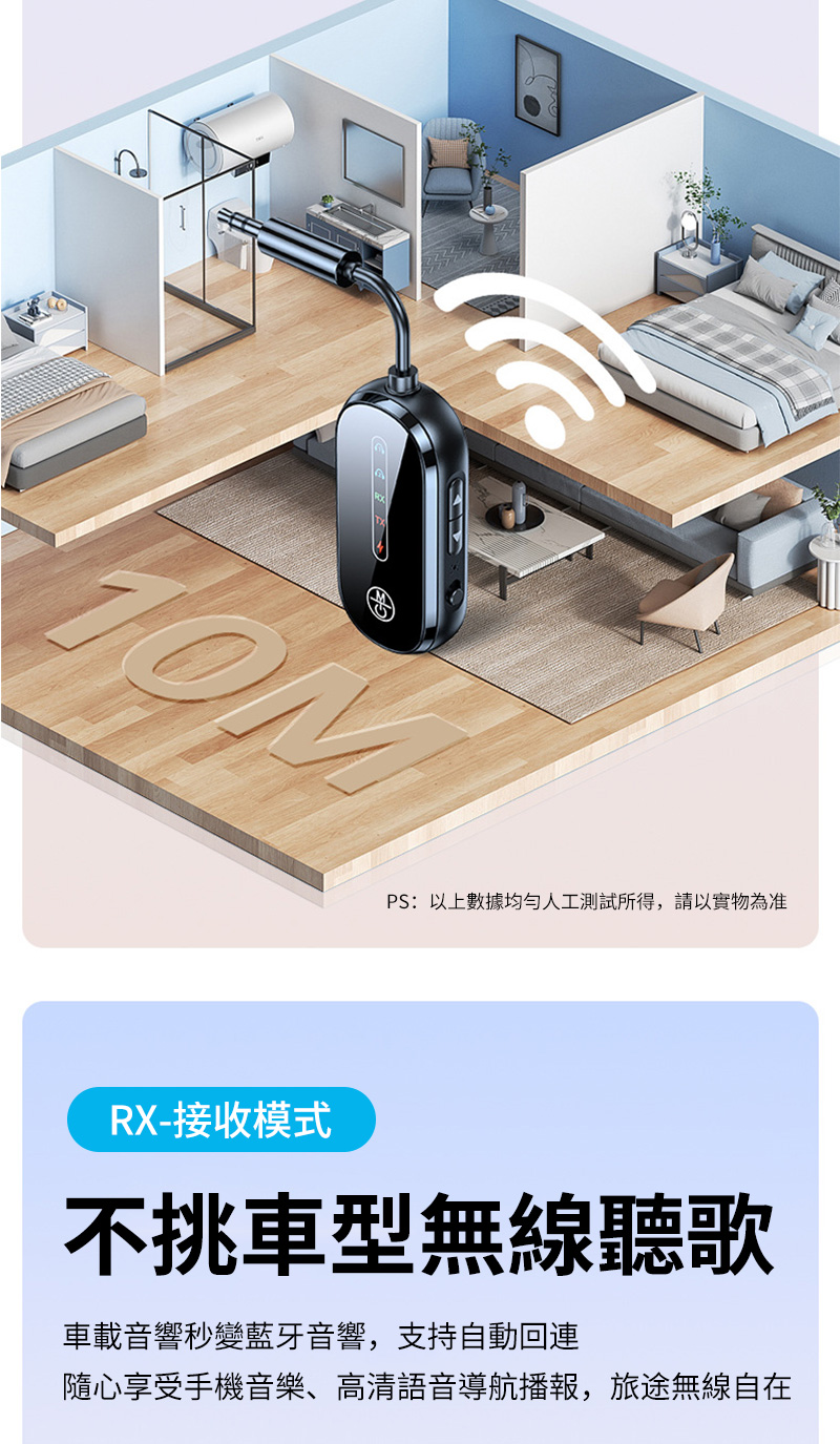 PS以上數據均勻人工測試所得,請以實物為准 RX接收模式 不挑車型無線聽歌 車載音響秒變藍牙音響,支持自動回連 隨心享受手機音樂、高清語音導航播報,旅途無線自在 
