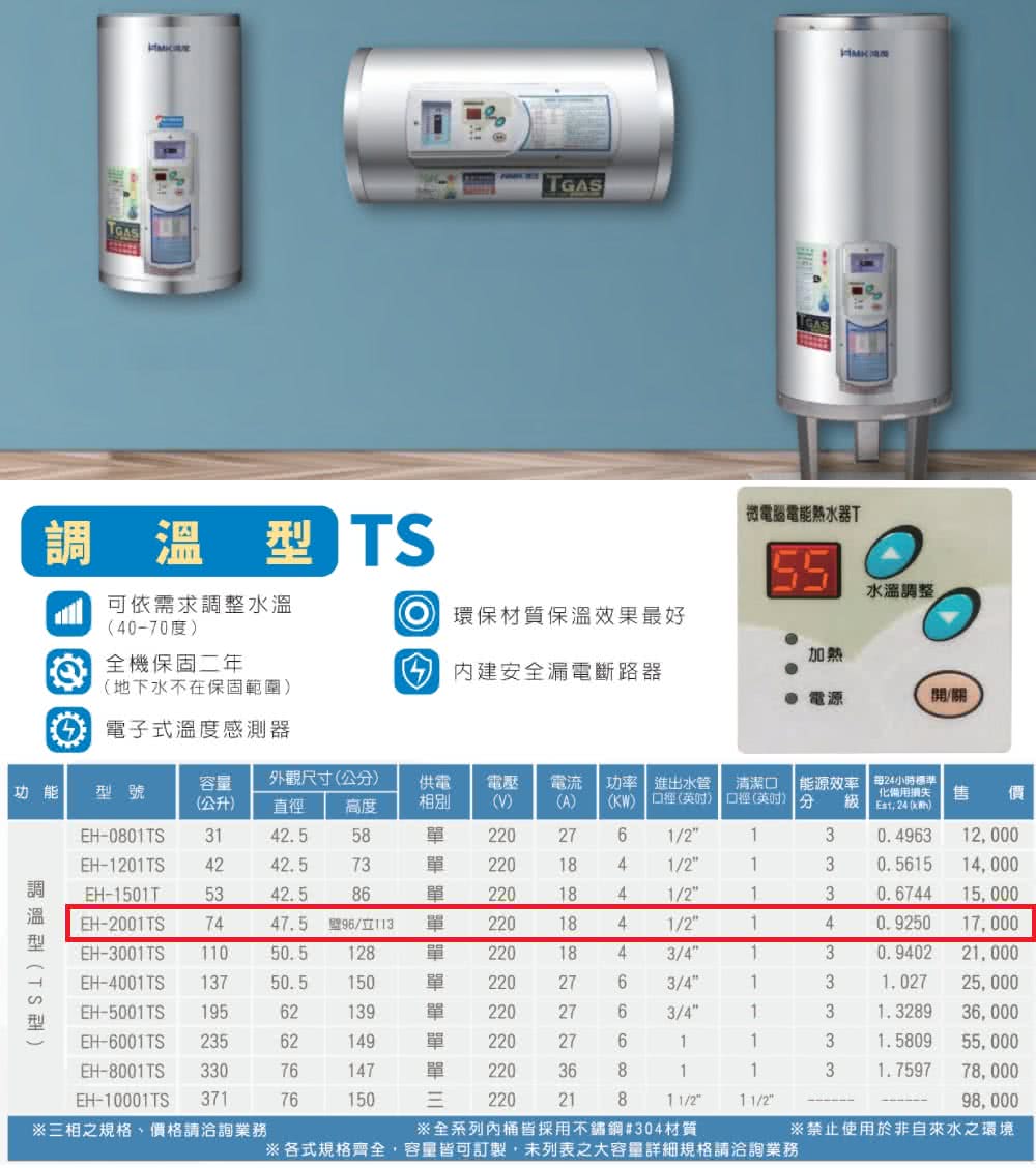 HMK 鴻茂 調溫型落地式儲熱式電能熱水器 20加侖(EH-