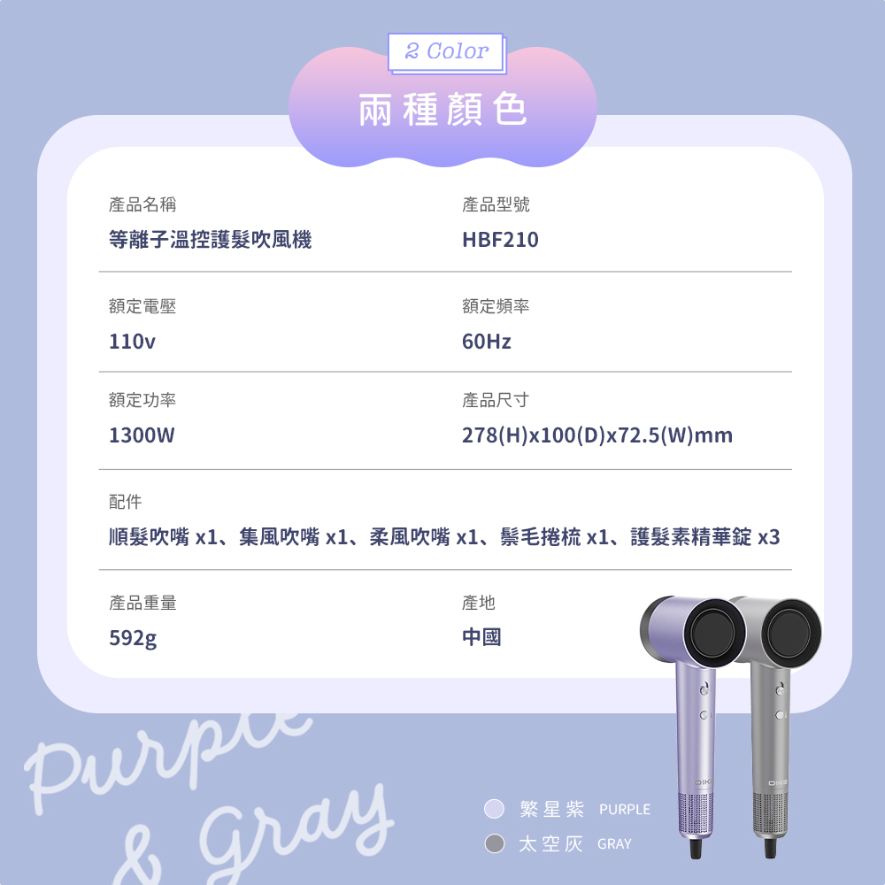 順髮吹嘴 x1、集風吹嘴x1、柔風吹嘴x1、鬃毛梳x1、護髮素精華錠 x3