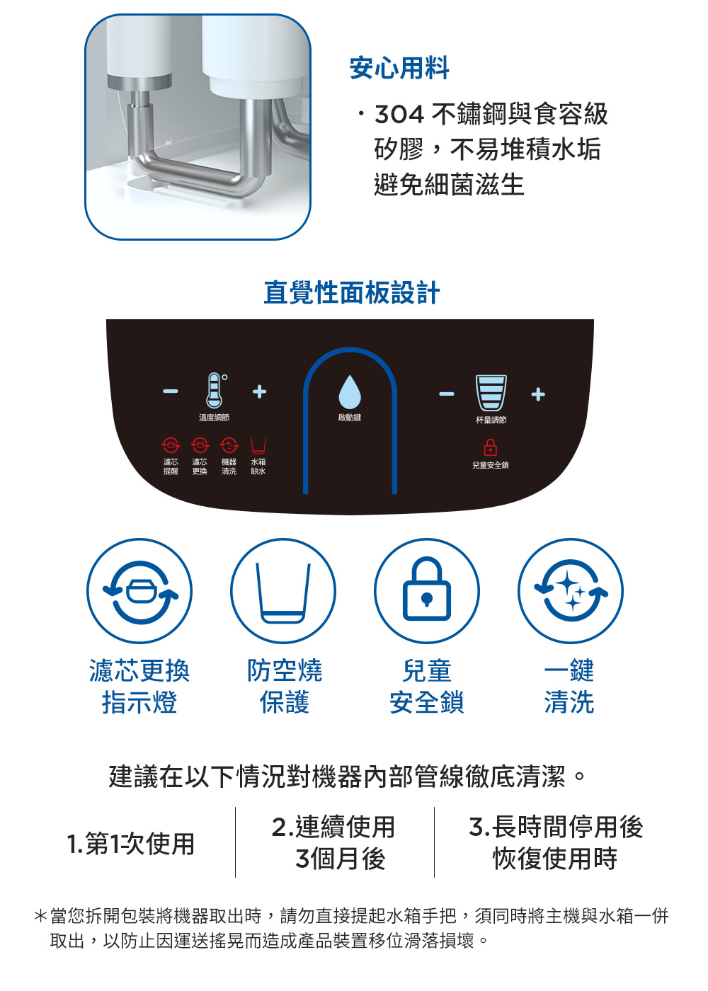 當您拆開包裝將機器取出時,請勿直接提起水箱手把,須同時將主機與水箱一併