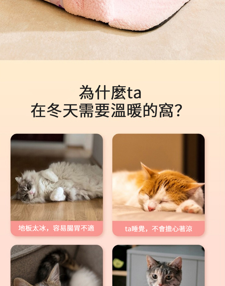 為什麼ta 在冬天需要溫暖的窩 地板太冰,容易腸胃不適 ta睡覺,不會擔心著涼 