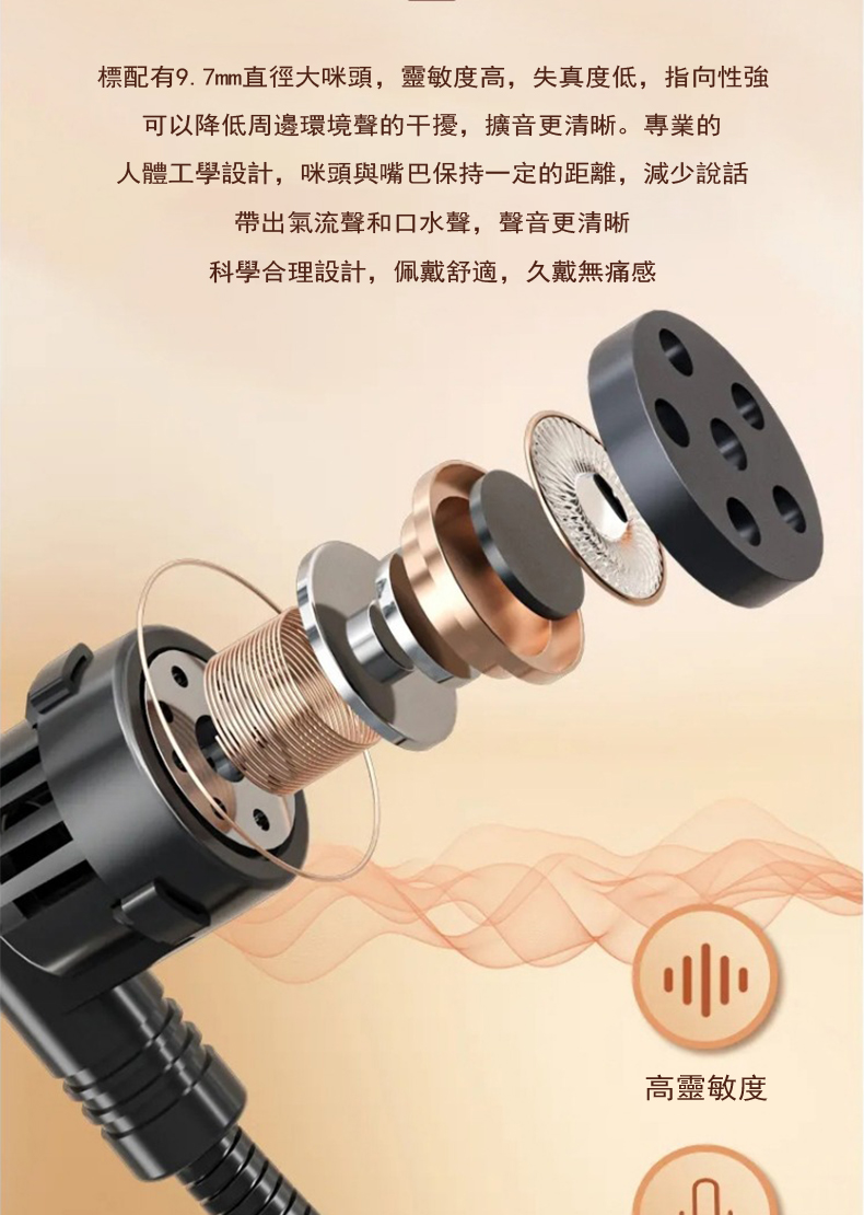 標配有9.7mm直徑大咪頭,靈敏度高,失真度低,指向性強