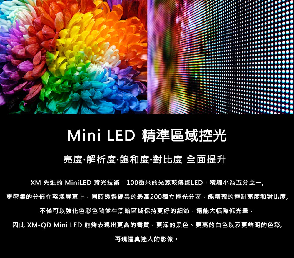 因此 XMQD Mini LED 能夠表現出更高的書質,更深的黑色、更亮的白色以及更鲜明的色彩,