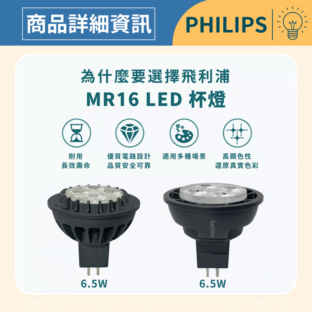 Philips 飛利浦】8入LED 6.5W 12V 2700K 黃金光15度不可調MR16 杯燈紫