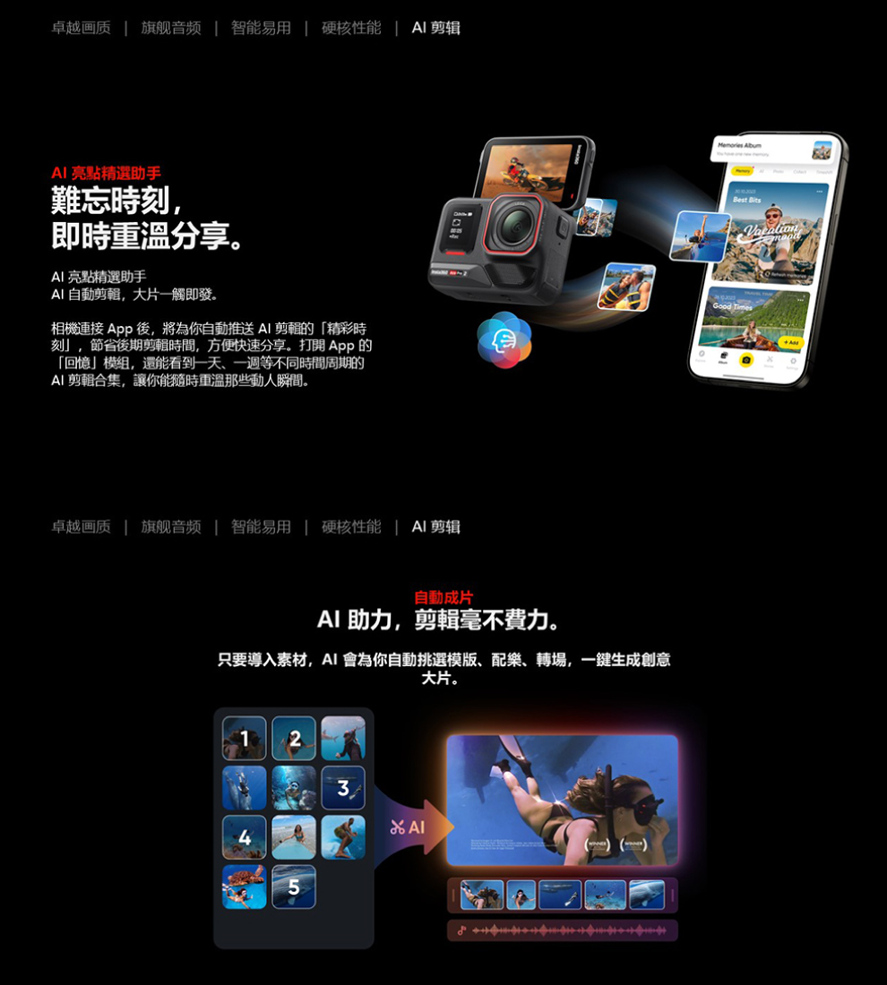 只要導入素材,AI 會為你自動挑選模版、配樂、轉場,一鍵生成創意