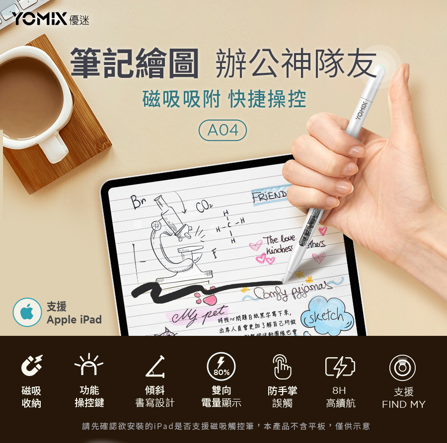 請先確認欲安裝的iPad是否支援磁吸觸控筆,本產品不含平板,僅供示意