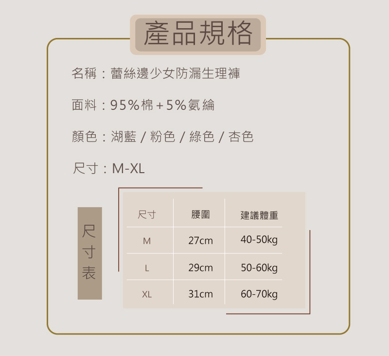 名稱蕾絲邊少女防漏生理褲