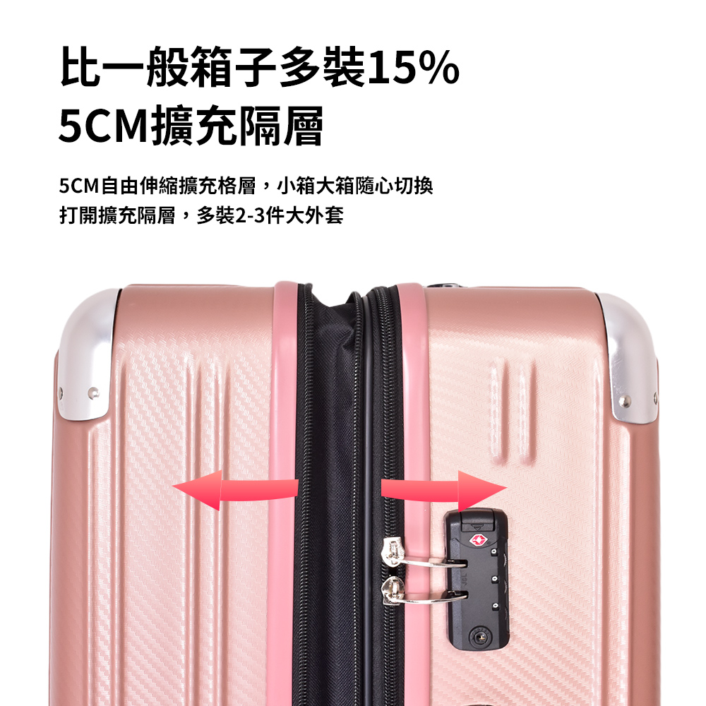 比一般箱子多裝15% 5CM擴充隔層 5CM自由伸縮擴充格層,小箱大箱隨心切換 打開擴充隔層,多裝23件大外套 