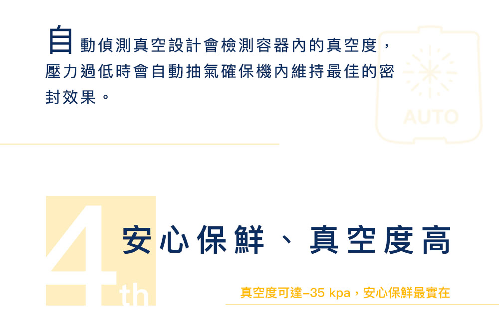 动侦测真空设计会检测容器内的真空度, 压力过低时会自动抽气确保机内维持最佳的密 封效果。 安心保鲜、真空度高 真空度可达35 kpa,安心保鲜最实在 