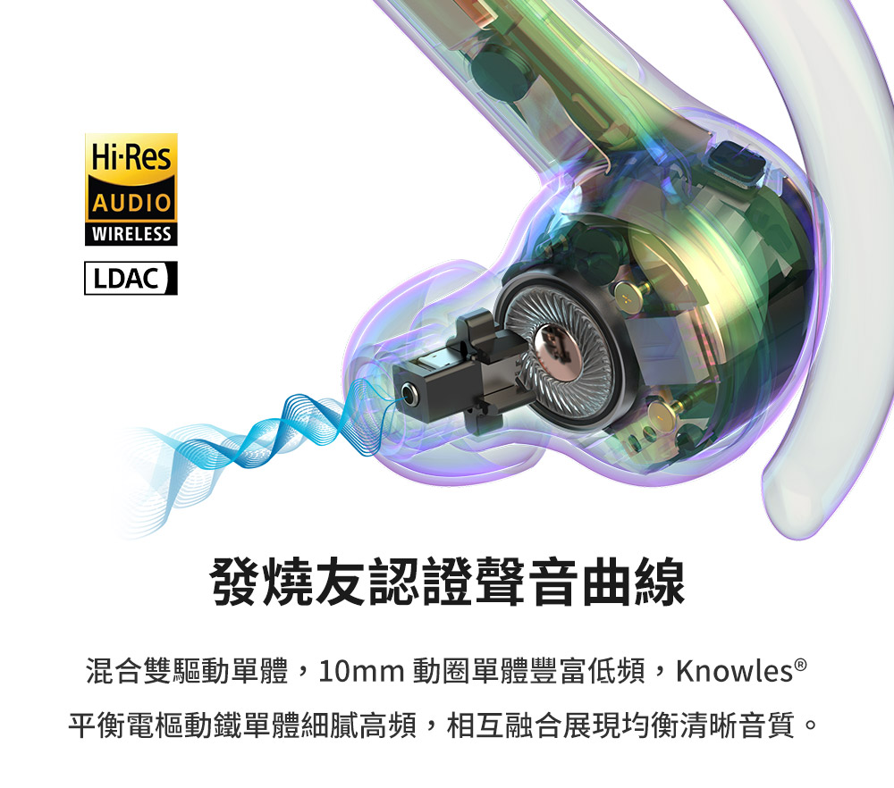 發燒友認證聲音曲線 混合雙驅動單體,10mm 動圈單體豐富低頻,Knowles 平衡電樞動鐵單體細膩高頻,相互融合展現均衡清晰音質。 