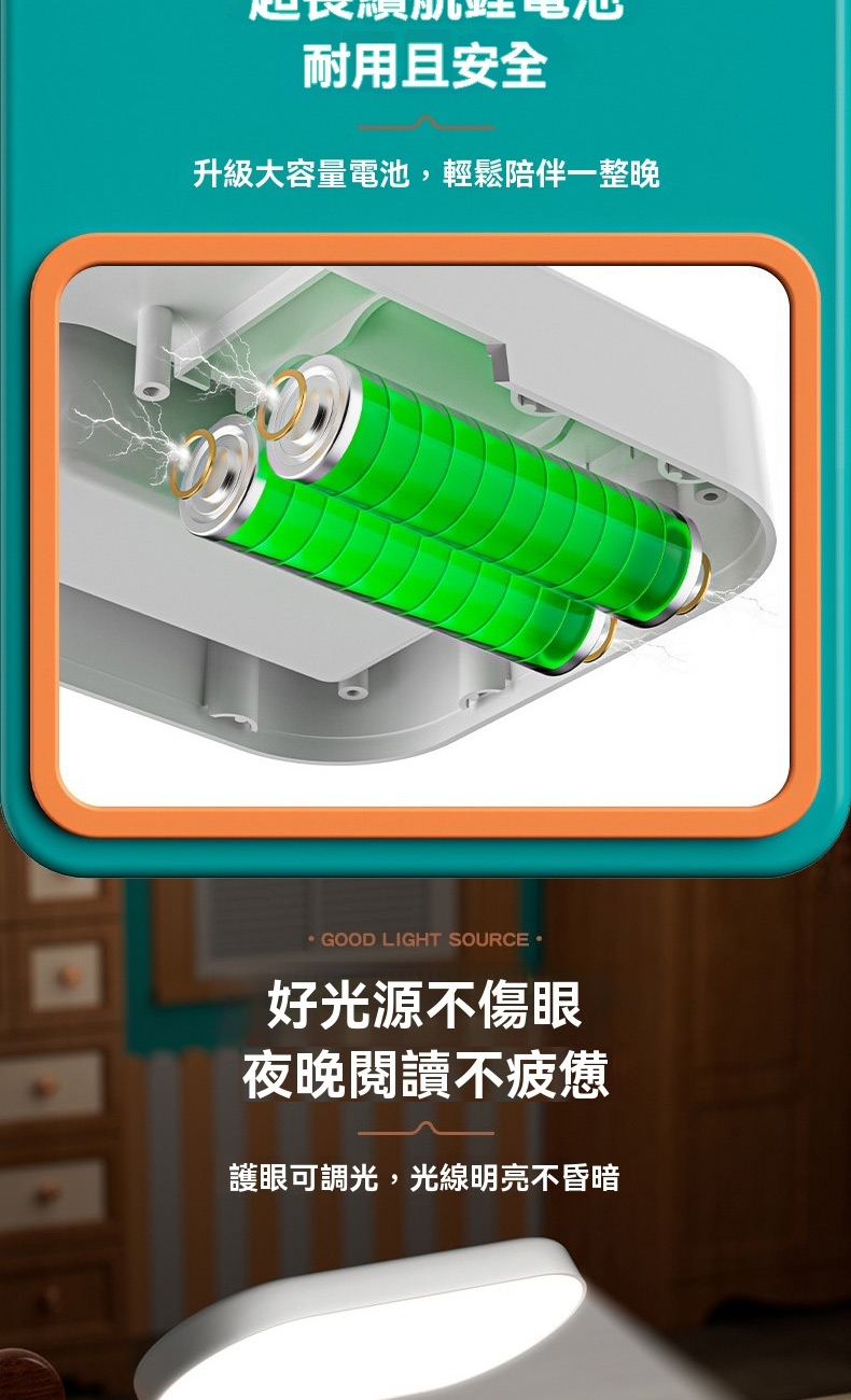 耐用且安全 升級大容量電池,輕鬆陪伴一整晚 好光源不傷眼 夜晚閱讀不疲憊 護眼可調光,光線明亮不昏暗 