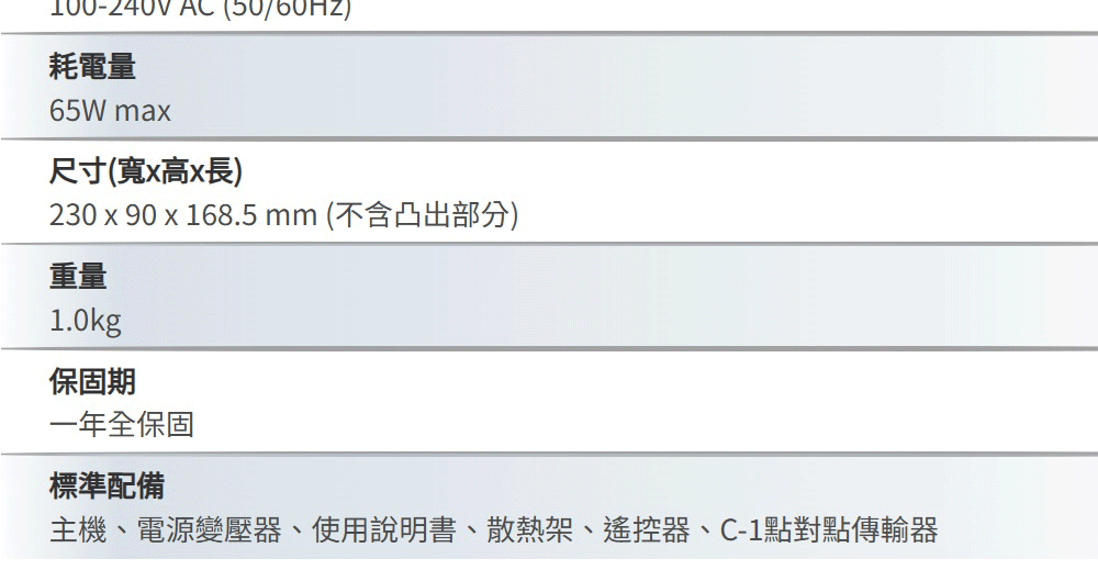 主機、電源變壓器、使用說明書、散熱架、遙控器、C1點對點傳輸器