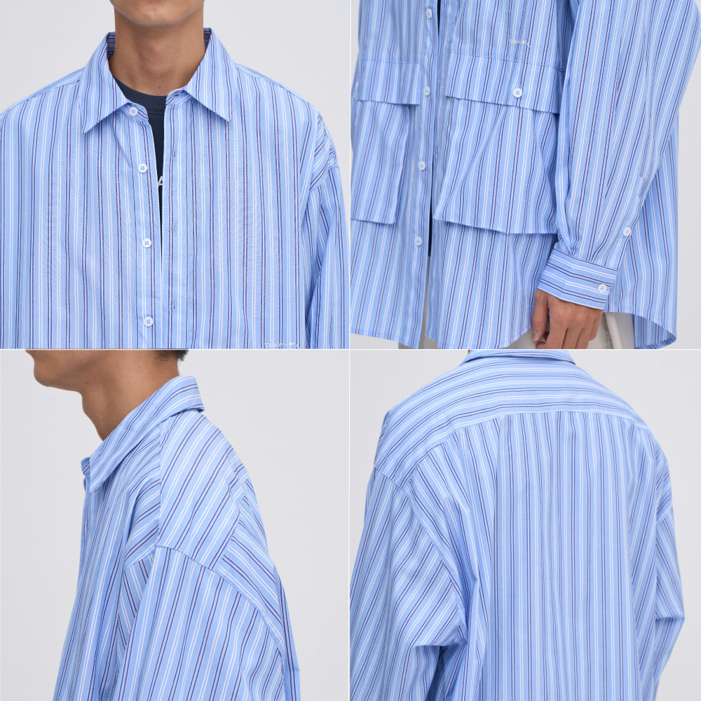 plain-me 雙11 OVERSIZE條紋口袋襯衫 PL