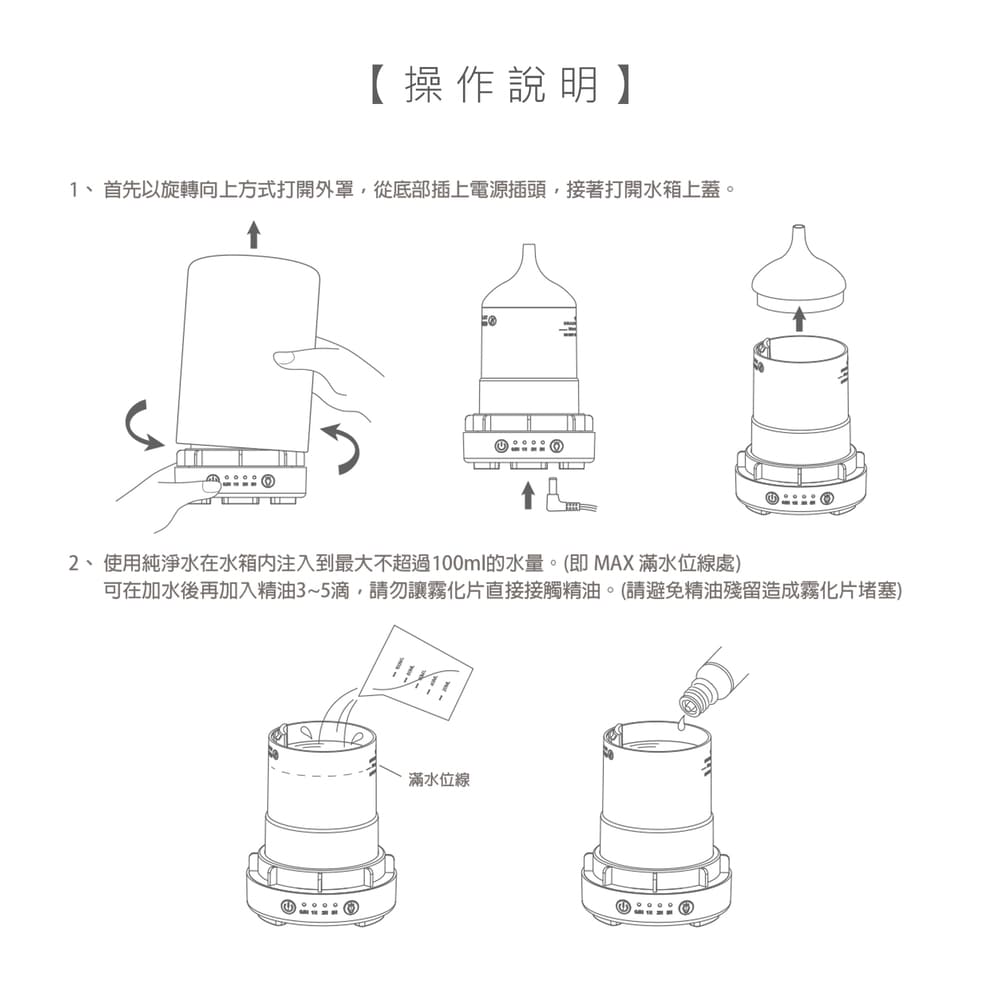 æä½èªªæ 1ãé¦åä»¥æè½åä¸æ¹å¼æéå¤ç½©,å¾åºé¨æä¸é»æºæé ­,æ¥èæéæ°´ç®±ä¸èã 2ãä½¿ç¨ç´æ·¨æ°´å¨æ°´ç®±åæ³¨å¥å°æå¤§ä¸è¶é100mlçæ°´éãå³MAXæ»¿æ°´ä½ç·è å¯å¨å æ°´å¾åå å¥ç²¾æ²¹35æ»´,è«å¿è®é§åçç´æ¥æ¥è§¸ç²¾æ²¹ãè«é¿åç²¾æ²¹æ®çé æé§åçå µå¡ æ»¿æ°´ä½ç· 