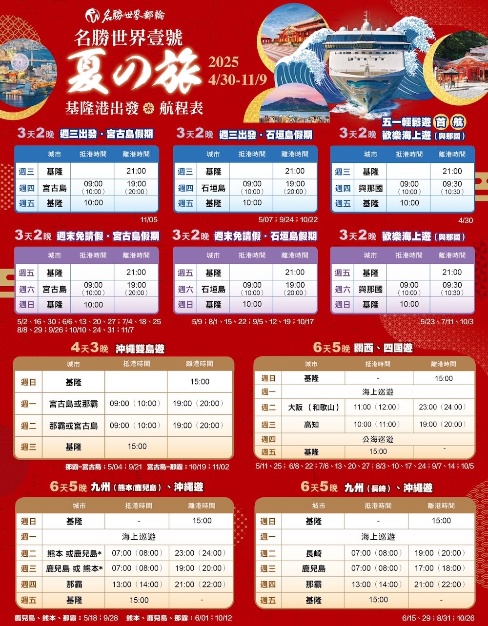 名勝世界郵輪 壹號 沖繩.宮古島 4 天內側客房單人券★基隆