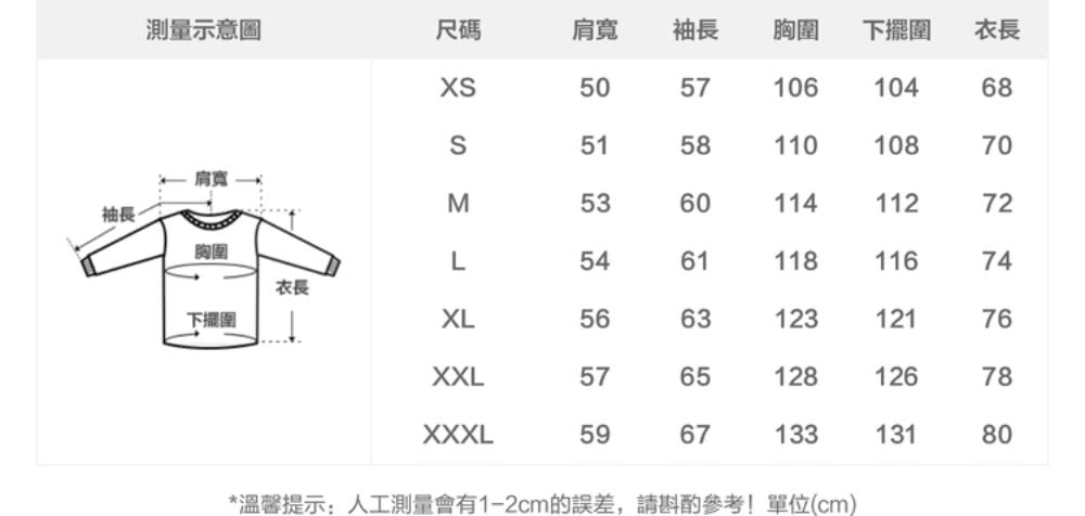 溫馨提示人工測量會有12cm的誤差,請斟酌參考單位cm