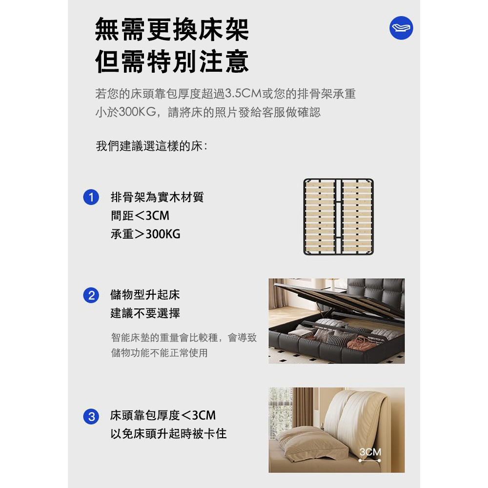若您的床頭靠包厚度超過3.5CM或您的排骨架承重