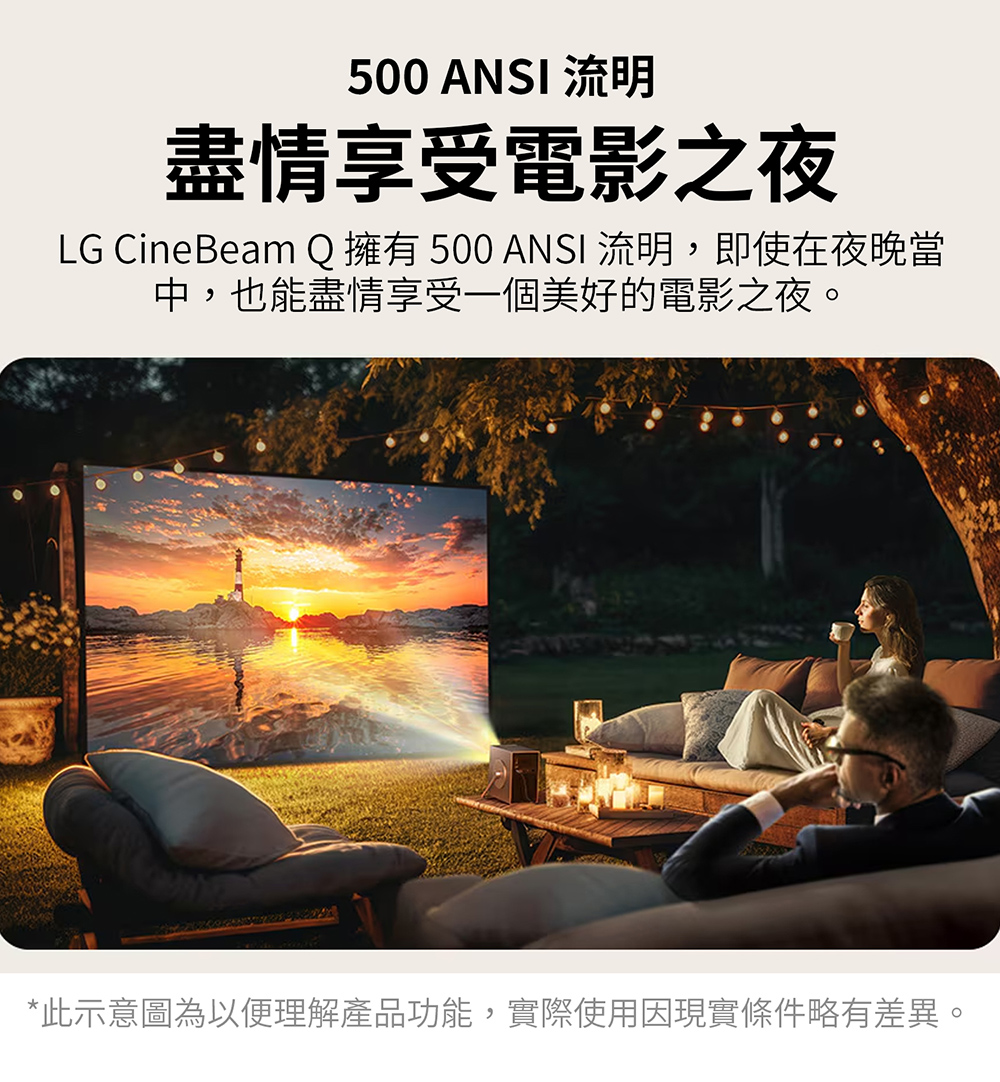 500 ANSI 流明 盡情享受電影之夜 LG CineBeam Q擁有500ANSI流明,即使在夜晚當 中,也能盡情享受一個美好的電影之夜。 此示意圖為以便理解產品功能,實際使用因現實條件略有差異。 