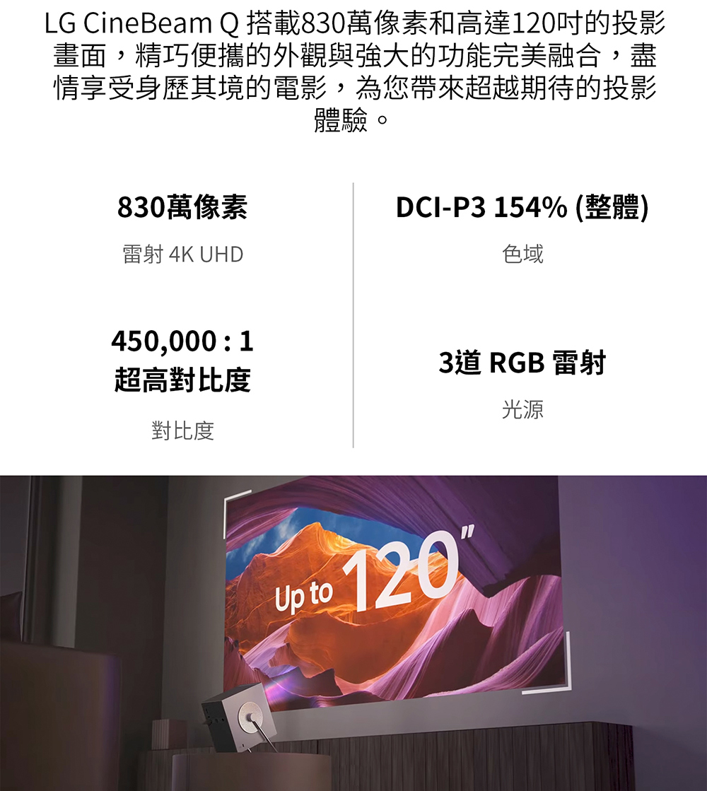 LG CineBeam Q搭載830萬像素和高達120吋的投影