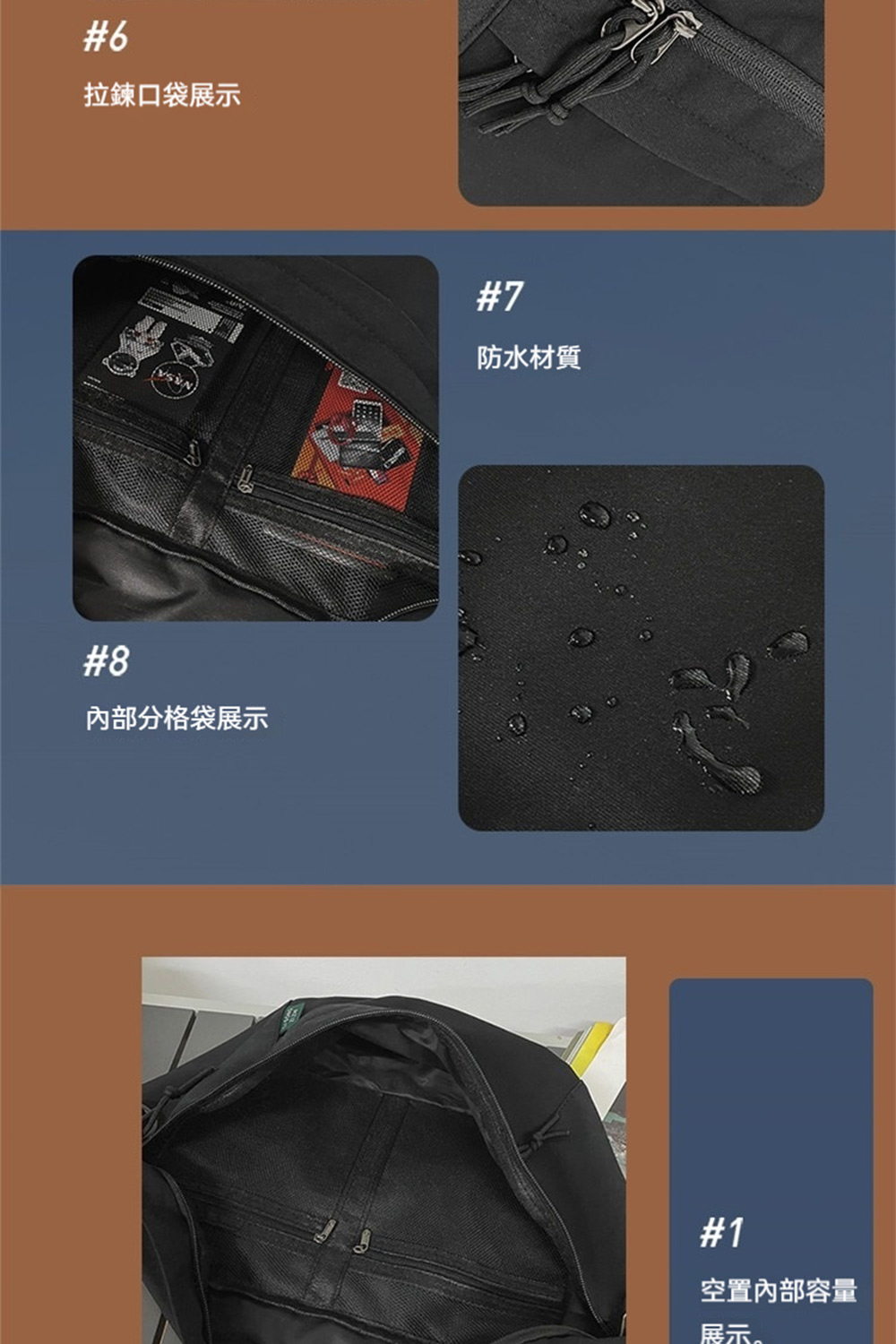 拉鍊口袋展示 內部分格袋展示 防水材質 空置內部容量 展示。 