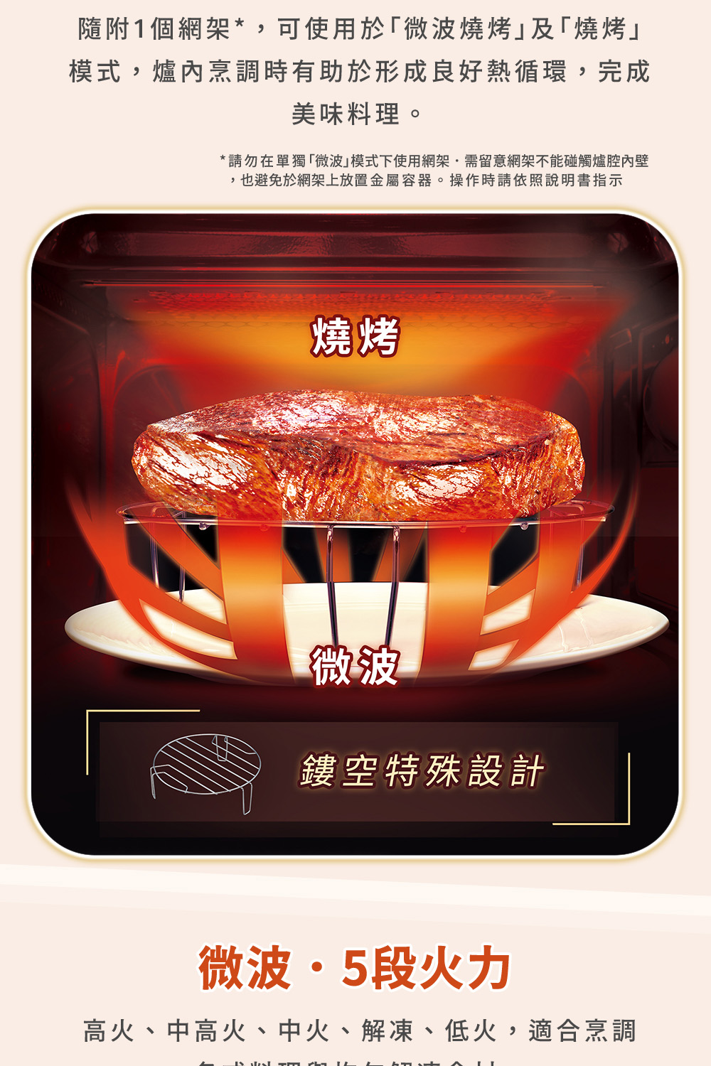 請勿在單獨微波模式下使用網架需留意網架不能碰觸爐腔內壁