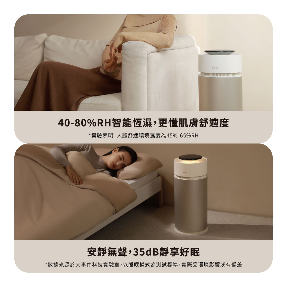 4080%RH智能恆濕,更懂肌膚舒適度 實驗表明,人體舒適環境濕度為45%65%RH 安靜無聲,35dB靜享好眠 數據來源於大事件科技實驗室,以睡眠模式為測試標準,實際受環境影響或有偏差 