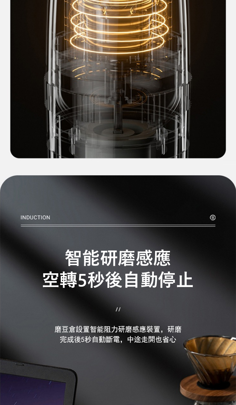 智能研磨感應 空轉5秒後自動停止 磨豆倉設置智能阻力研磨感應裝置,研磨 完成後5秒自動斷電,中途走開也省心 