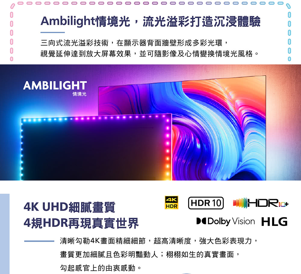 Ambilight情境光,流光溢彩打造沉浸體驗三向式流光溢彩技術,在顯示器背面牆壁形成多彩光環,視覺延伸達到放大屏幕效果,並可隨影像及心情變換情境光風格。AMBILIGHT情境光4K UHD細膩畫質HDR HDR4規HDR再現真實世界Dolby Vision HLG清晰勾勒4K畫面精細細節,超高清晰度,強大色彩表現力,畫質更加細膩且色彩明豔動人;栩栩如生的真實畫面,勾起感官上的由衷感動。