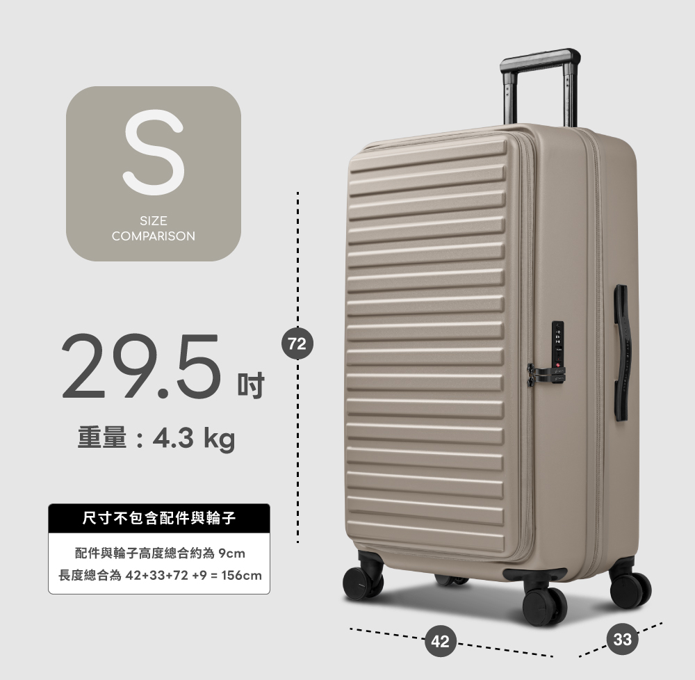 尺寸不包含配件與輪子 配件與輪子高度總合約為 9cm 