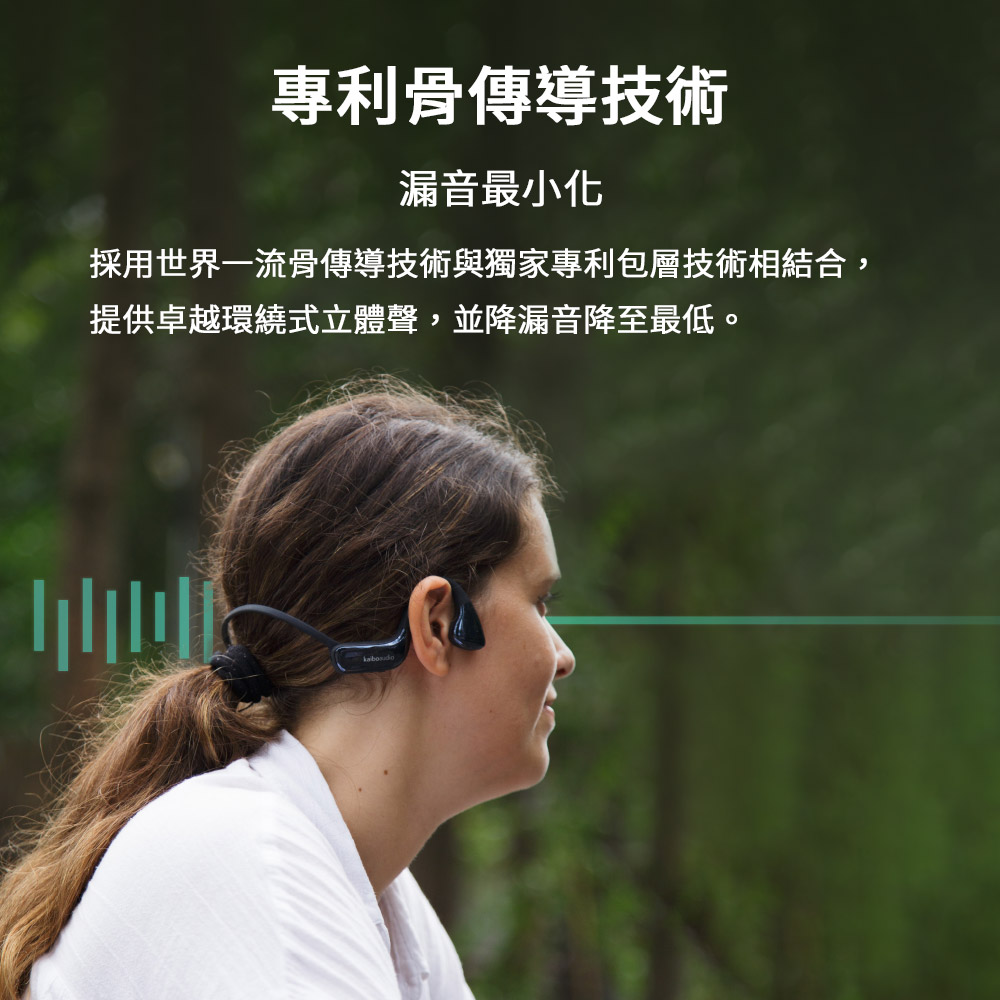專利骨傳導技術 漏音最小化 採用世界一流骨傳導技術與獨家專利包層技術相結合, 提供卓越環繞式立體聲,並降漏音降至最低。 