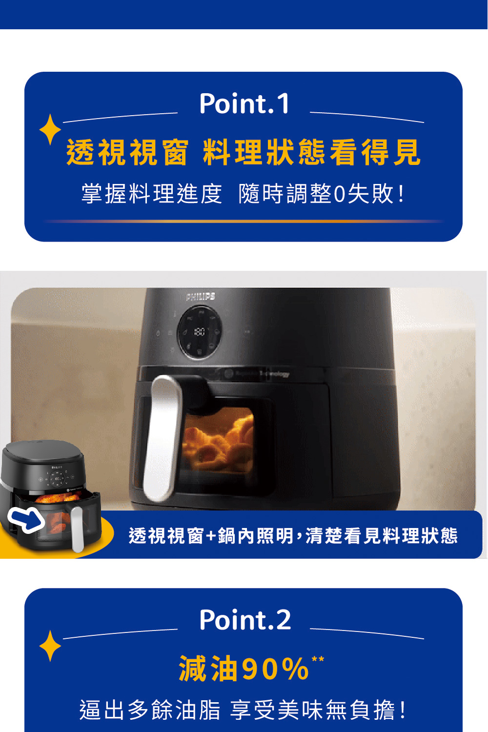 透視視窗 料理狀態看得見 掌握料理進度 隨時調整0失敗 透視視窗鍋內照明,清楚看見料理狀態 減油90% 逼出多餘油脂 享受美味無負擔 