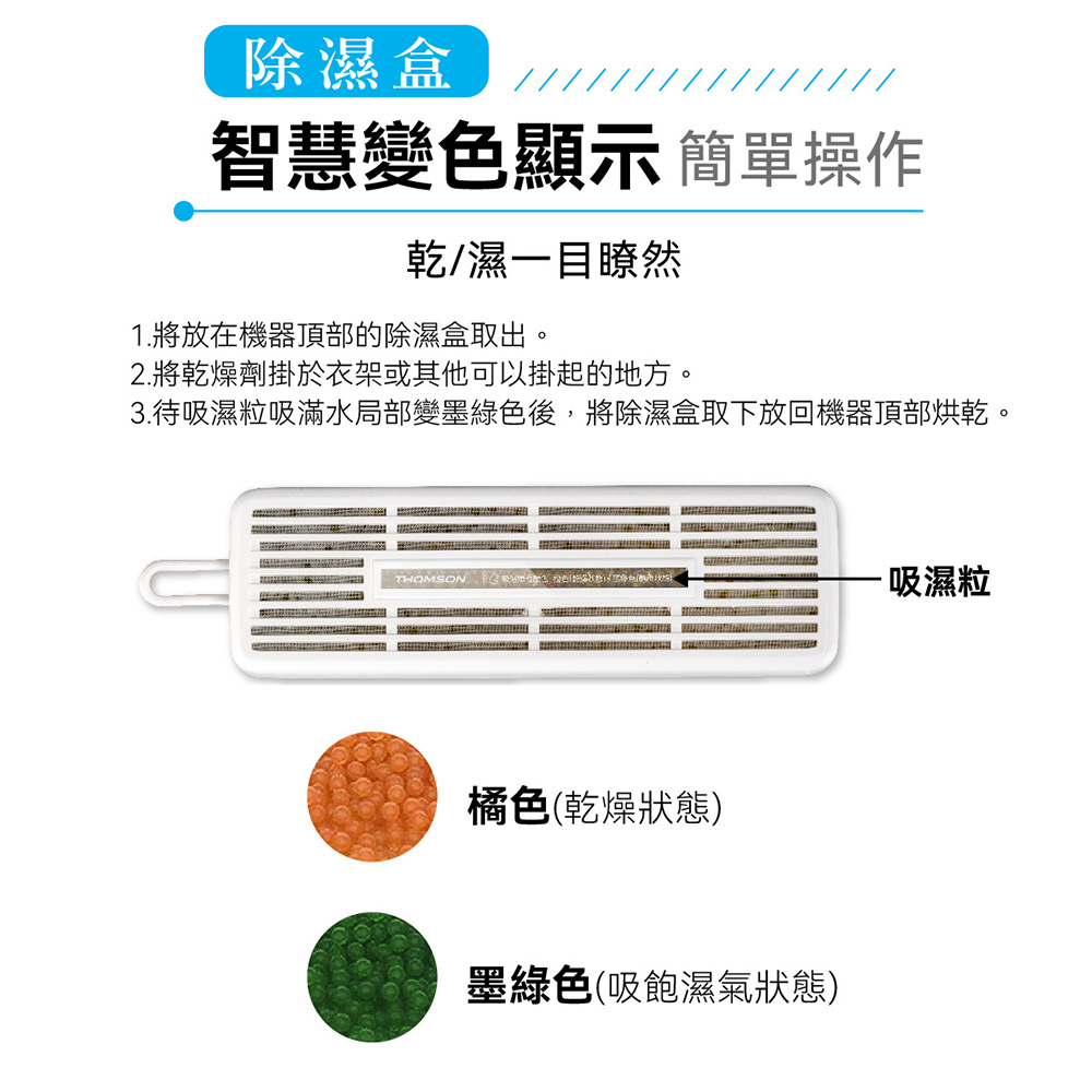 3.待吸濕粒吸滿水局部變墨綠色後,將除濕盒取下放回機器頂部烘乾。